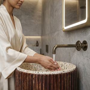 Close-up of white speckled terrazzo effect bowl rim transitioning directly into deep walnut wood effect fluted pedestal of Muniq artificial stone basin