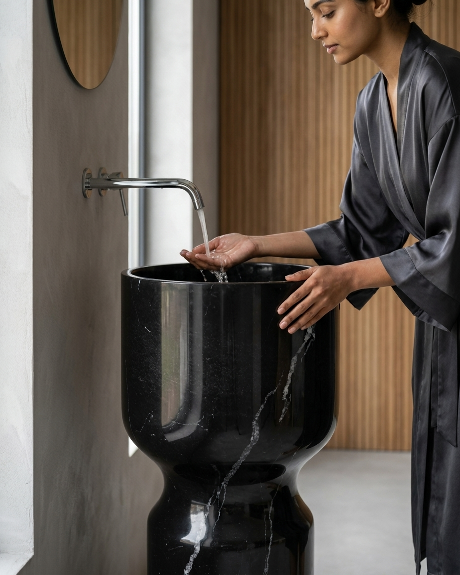 Close-up of deep mirror polished surface and bold white calcite veining on Muniq Nero Marquina goblet basin black marble freestanding hourglass pedestal washbasin