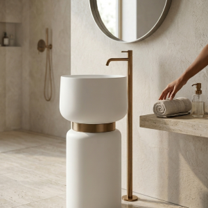 Close-up of polished bronze connecting ring between matte white rounded bowl and cylindrical column on white artificial stone mushroom pedestal basin
