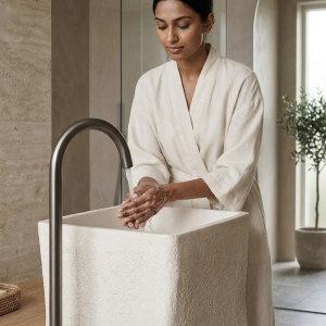 Close-up of organic horizontal layered sandstone strata texture in three-dimensional relief on lower pedestal of Muniq artificial stone pedestal basin 1329 cream square monolith washbasin