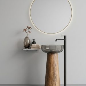 Muniq wooden effect resin freestanding basin 7109 400x830mm showing rich warm wood grain effect tapered cone pedestal with contrasting wide smoked black glossy round bowl luxury washbasin