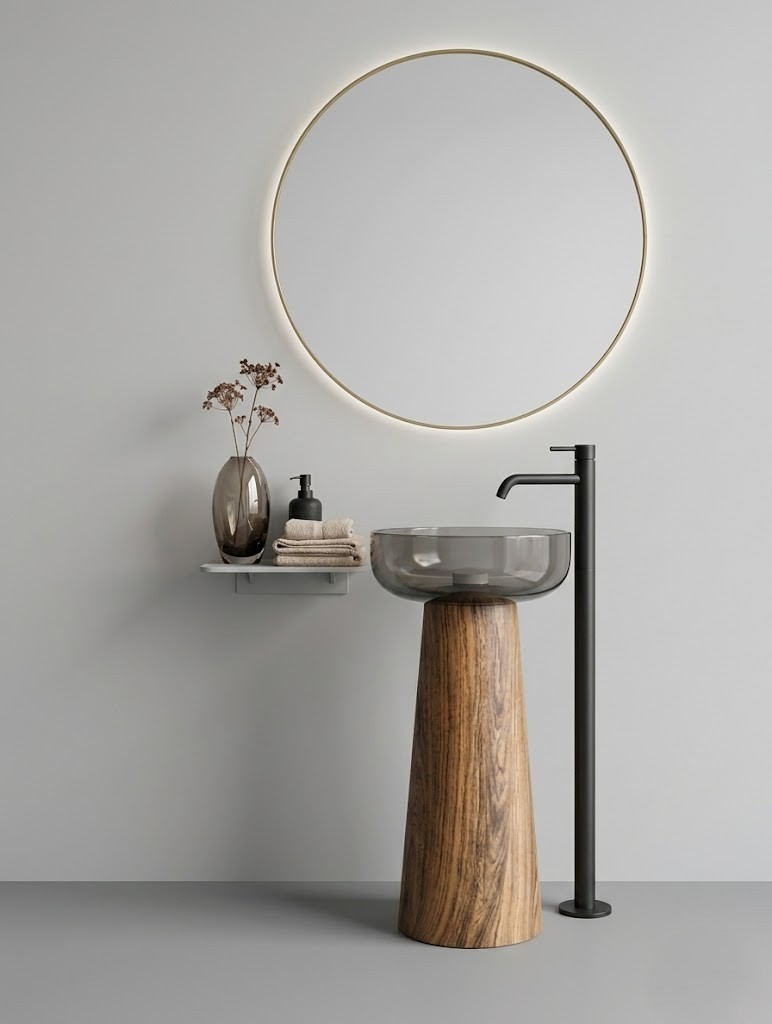Muniq Wooden Effect Resin Freestanding Basin 7109 400x830mm Wood Grain Tapered Pedestal Smoked Black Bowl Muniq wooden effect resin freestanding basin 7109 400x830mm showing rich warm wood grain effect tapered cone pedestal with contrasting wide smoked black glossy round bowl luxury washbasin