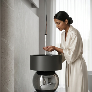 Close-up of mirror-polished steel sphere of Muniq sculptural steel sphere basin showing curved reflective distortion of surrounding bathroom stone walls and ambient lighting
