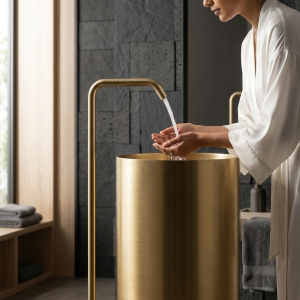 Front view of Aurum Gold stainless steel pedestal basin showing smooth cylindrical body and premium brushed gold metallic finish