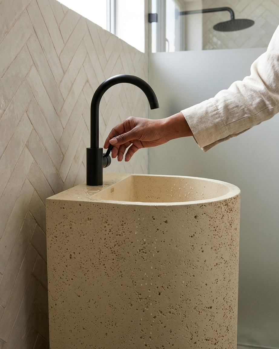 Luna Concrete Freestanding Basin Side Profile Half Cylinder Form SNK100 Side profile view of Luna concrete freestanding pedestal basin SNK100 showing half-cylinder monolith form and flat back wall-facing surface