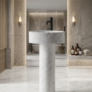 Muniq Freestanding Fluted Drum Marble Basin | Indian White Stone Column Pedestal Sink | Dual-Texture Designer Luxury Bathroom Washbasin