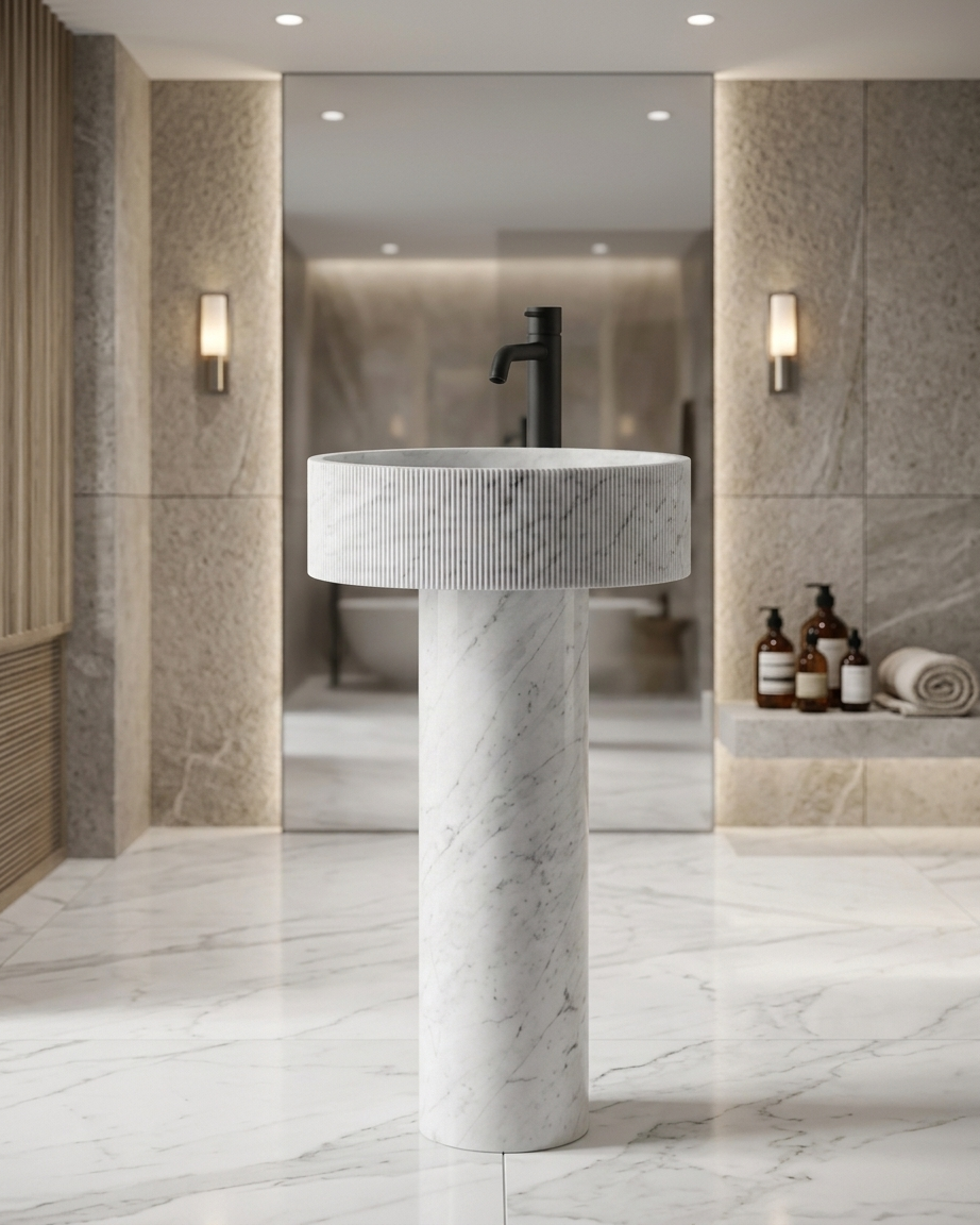Muniq Freestanding Fluted Drum Marble Basin | Indian White Stone Column Pedestal Sink | Dual-Texture Designer Luxury Bathroom Washbasin