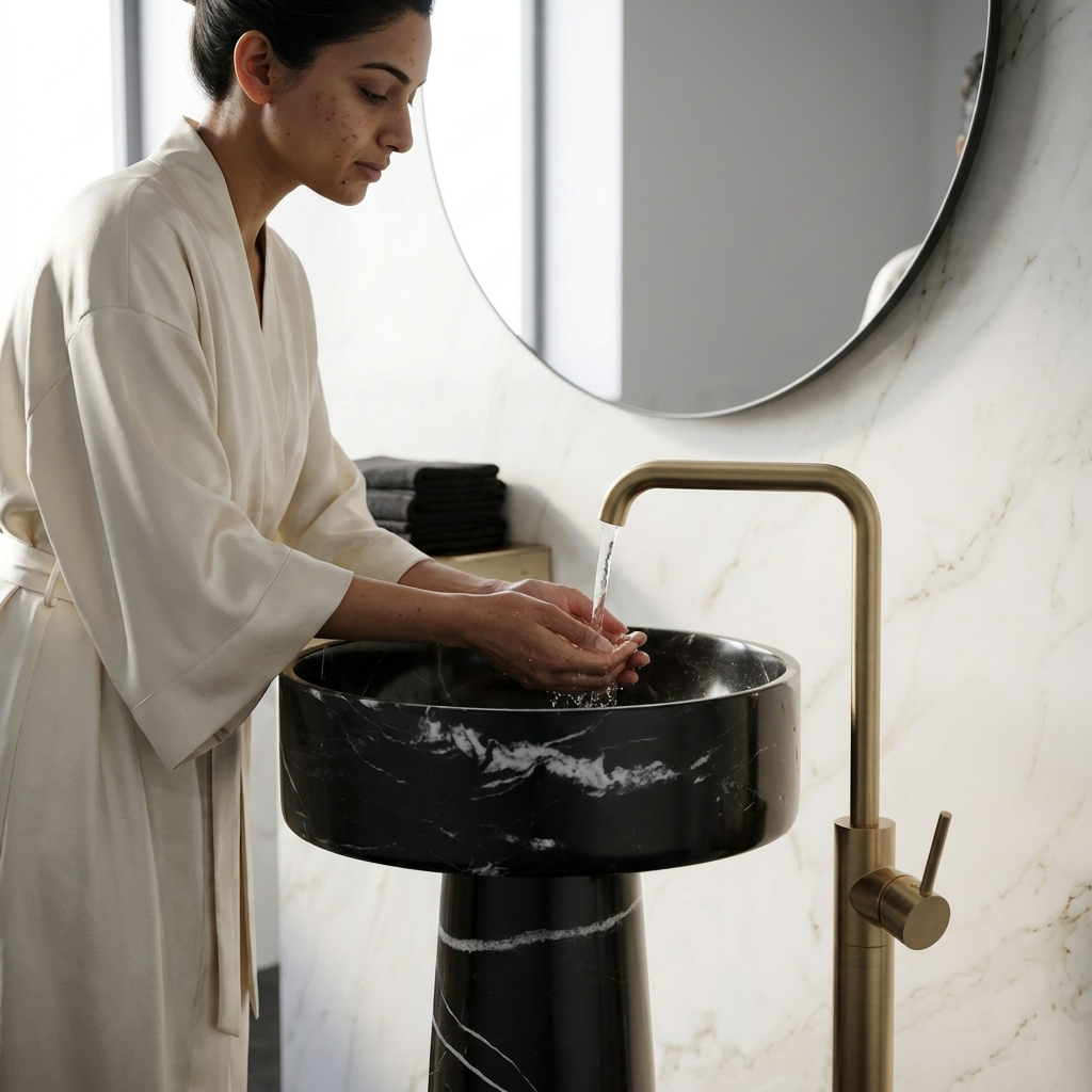 9OJX4TDYXNG7_QccbXvOsa 9OJX4TDYXNG7 QccbXvOsa - Muniq Freestanding Black Marquina Marble Basin | Nero Marquina Stone Tapered Pedestal Sink | Designer Luxury Bathroom Washbasin