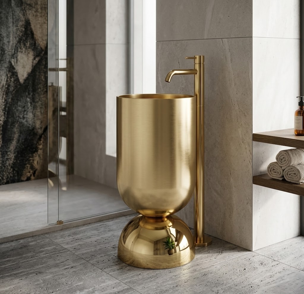 Wine Glass Bronze Freestanding Stainless Steel Basin Polished Bronze Cylinder Dome Base Wine Glass Bronze freestanding stainless steel pedestal basin with fully polished mirror bronze PVD cylinder bowl and matching polished bronze dome base
