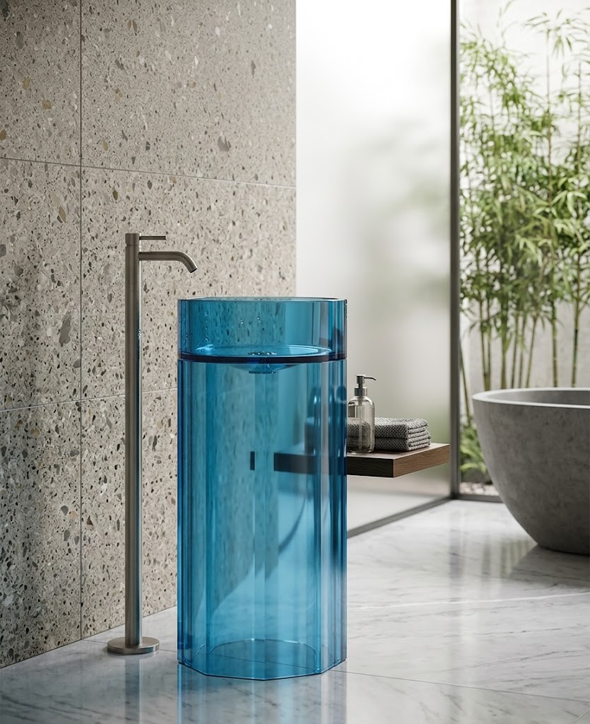 Royal Blue Freestanding Transparent Resin Basin 7103 Fluted Cylinder Pedestal Sink Royal Blue freestanding transparent resin basin 7103 with full-height fluted cylinder form glowing vivid royal blue with chrome floor faucet in white bathroom