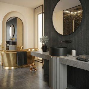 Close-up of matte black bowl and precision gold ring accent on Muniq artificial stone pedestal basin 1325 olive green fluted cylinder washbasin