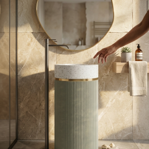 Close-up of white terrazzo effect bowl and precision gold ring accent on Muniq artificial stone pedestal basin 1304 sage green fluted cylinder washbasin