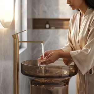 Close-up of warm translucent amber bronze colour depth and high clarity polished surface of Muniq transparent bronze resin freestanding basin pedestal washbasin