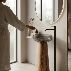 Close-up of rich warm amber and caramel wood grain effect embedded in resin tapered cone pedestal of Muniq wooden effect resin freestanding basin 7109 luxury bathroom sink