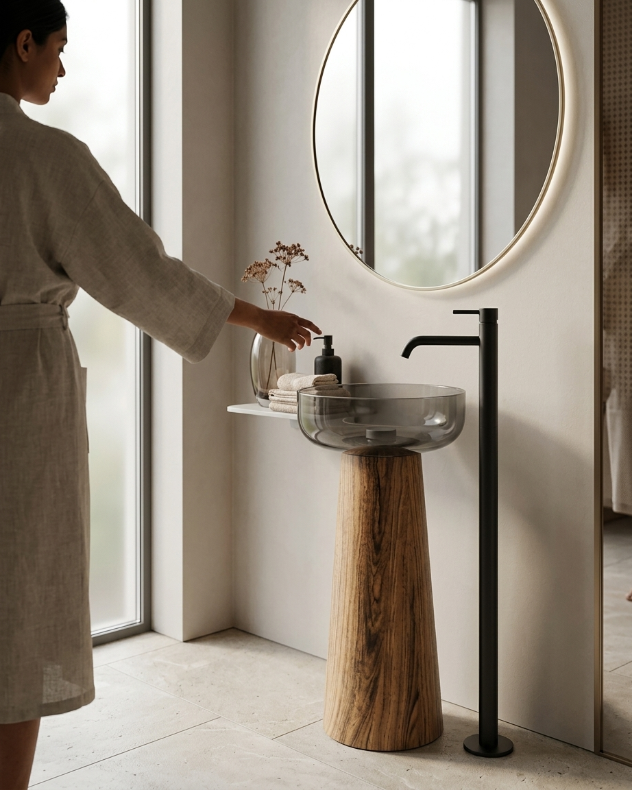 Rich Warm Wood Grain Effect Close-up Muniq Resin Basin 7109 Tapered Pedestal Timber Look Close-up of rich warm amber and caramel wood grain effect embedded in resin tapered cone pedestal of Muniq wooden effect resin freestanding basin 7109 luxury bathroom sink