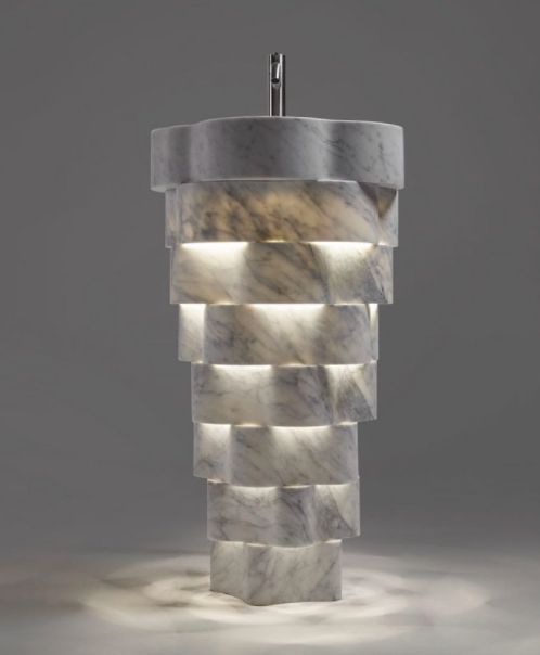 Antonio Lupi Intreccio Round Free Standing Bath Sink Antonio Lupi Intreccio Round Free Standing Bath Sink - Muniq Freestanding Illuminated Stacked Marble Basin | Indian White Stone Pedestal Sink with Built-In LED | Designer Luxury Bathroom Washbasin