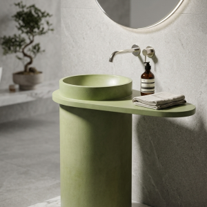 Aspire freestanding concrete cylinder pedestal basin SNK80 with integrated cantilevered side shelf in Mint Mayonnaise colour