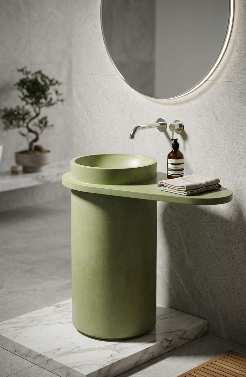 Aspire Freestanding Concrete Cylinder Basin SNK80 Mint Mayonnaise Side Shelf Aspire freestanding concrete cylinder pedestal basin SNK80 with integrated cantilevered side shelf in Mint Mayonnaise colour