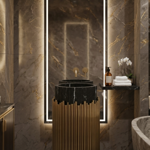 Muniq Freestanding Black Marble & Brass Rod Pedestal Basin | Nero Marquina Stone Bowl on Brushed Gold Column | Art Deco Luxury Bathroom Washbasin