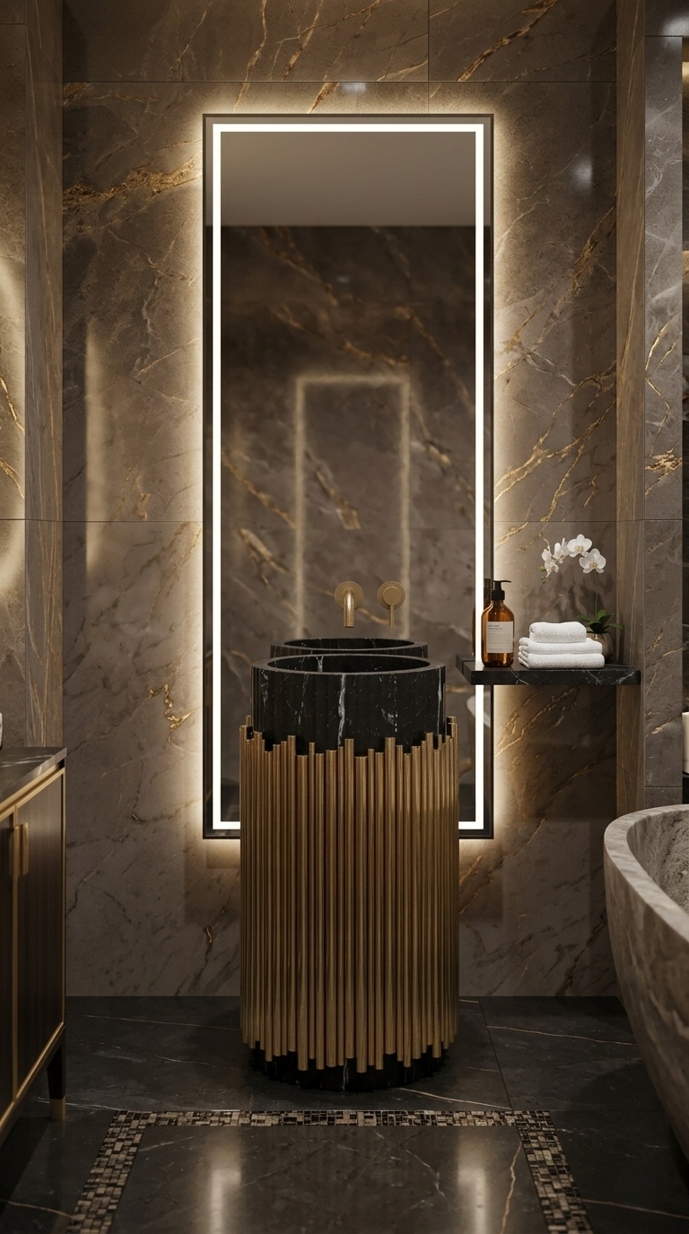 Muniq Freestanding Black Marble & Brass Rod Pedestal Basin | Nero Marquina Stone Bowl on Brushed Gold Column | Art Deco Luxury Bathroom Washbasin
