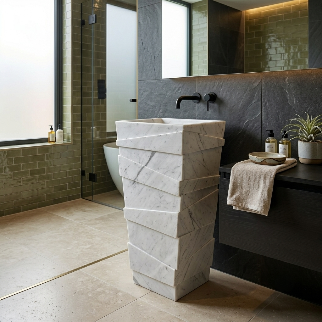 Muniq freestanding white marble stacked facet pedestal basin with 7 diagonal cut layers in a dark luxury bathroom with wall-mounted black faucet
