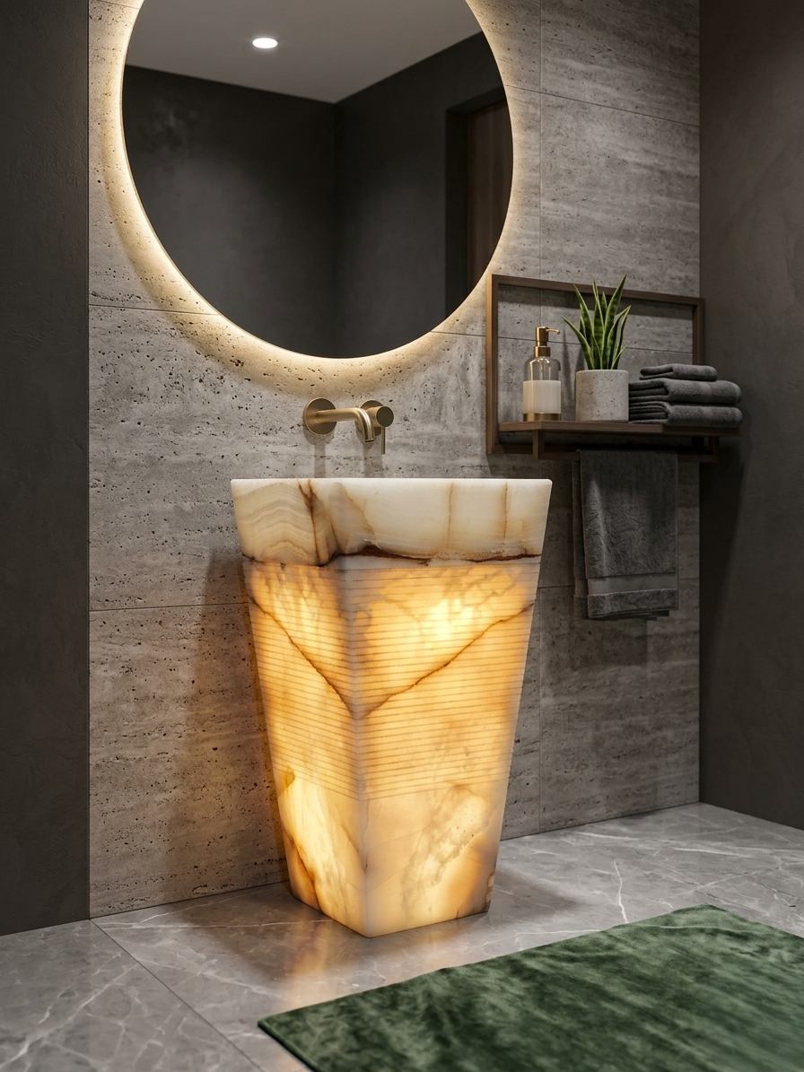 Muniq Freestanding Illuminated Onyx Basin | Honey White Onyx Backlit Tapered Square Pedestal Sink | Translucent Glowing Luxury Bathroom Washbasin