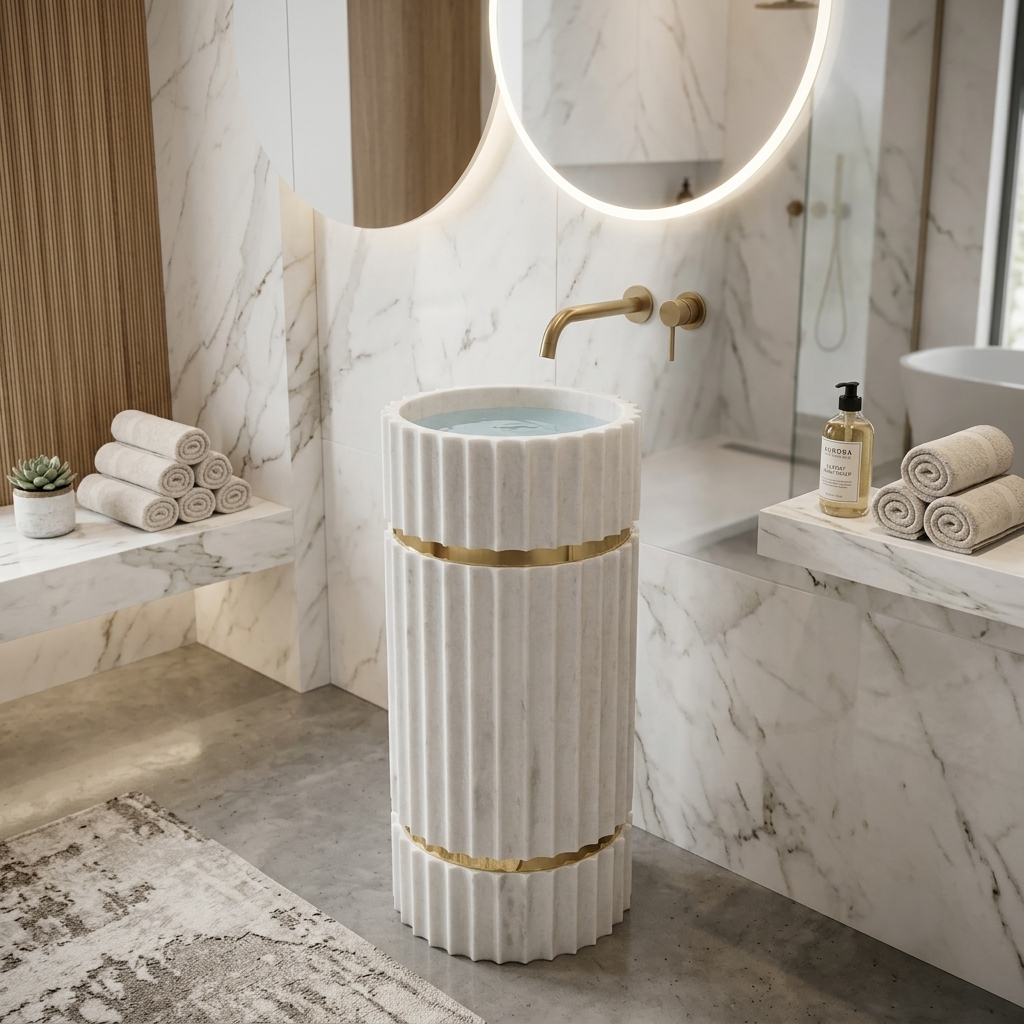 Muniq freestanding fluted white marble basin double gold ring with two brushed gold bands and full vertical reeded cylinder column in luxury spa bathroom