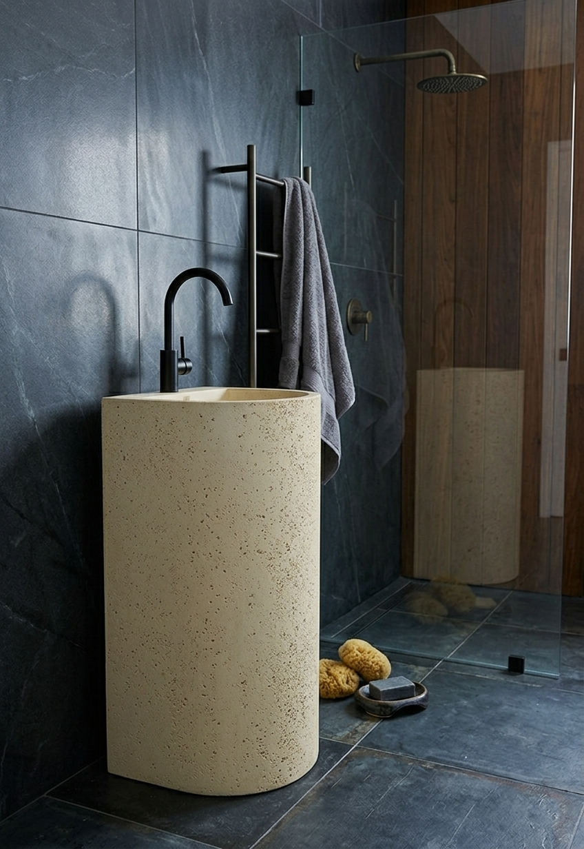 Luna Freestanding Concrete Pedestal Basin SNK100 Garlic Pod Pitted Smooth Finish Luna freestanding concrete pedestal basin SNK100 in Garlic Pod colour with pitted and smooth dual finish and black matte gooseneck faucet against exposed brick wall