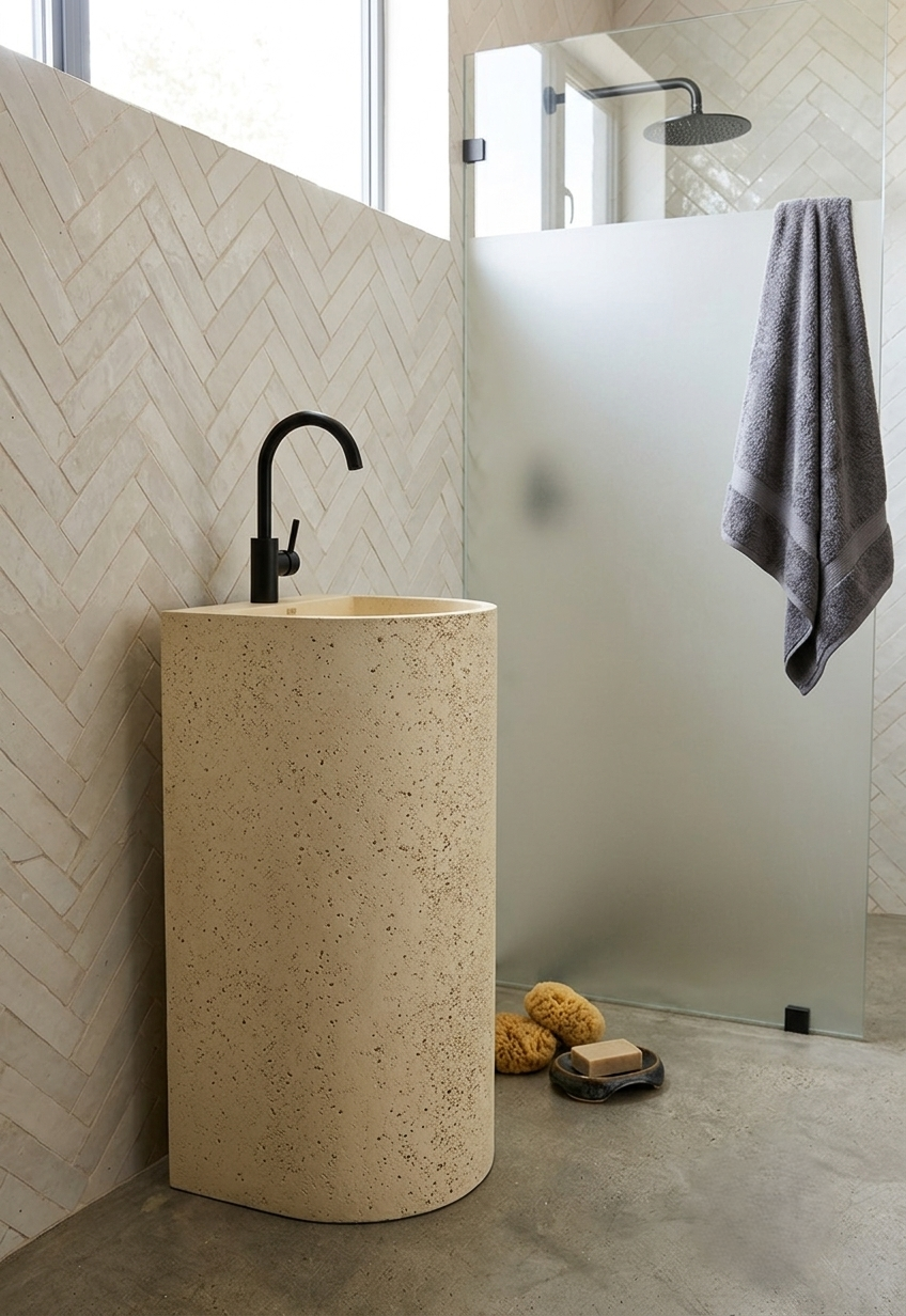 Luna Concrete Pedestal Basin in Industrial Outdoor Bathroom Setting Luna freestanding concrete pedestal basin SNK100 with black matte faucet in outdoor bathroom setting with exposed brick wall and natural moss