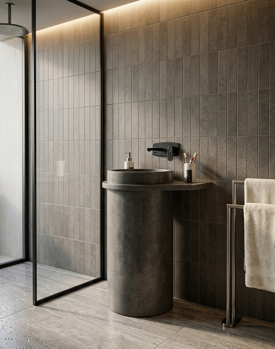 Muniq Concrete Drum Basin Charcoal Grey Freestanding Pedestal Sink Industrial Luxury Bathroom Muniq concrete drum basin charcoal grey freestanding pedestal sink with wide flat rim drum bowl and narrow cylinder column in industrial luxury bathroom with dark tile wall and matte black tap