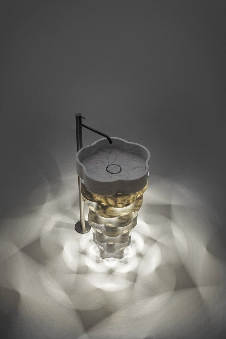 Intreccio Round Freestanding Bath Sink design by Antonio Lupi Intreccio Round Freestanding Bath Sink design by Antonio Lupi - Muniq Freestanding Illuminated Stacked Marble Basin | Indian White Stone Pedestal Sink with Built-In LED | Designer Luxury Bathroom Washbasin