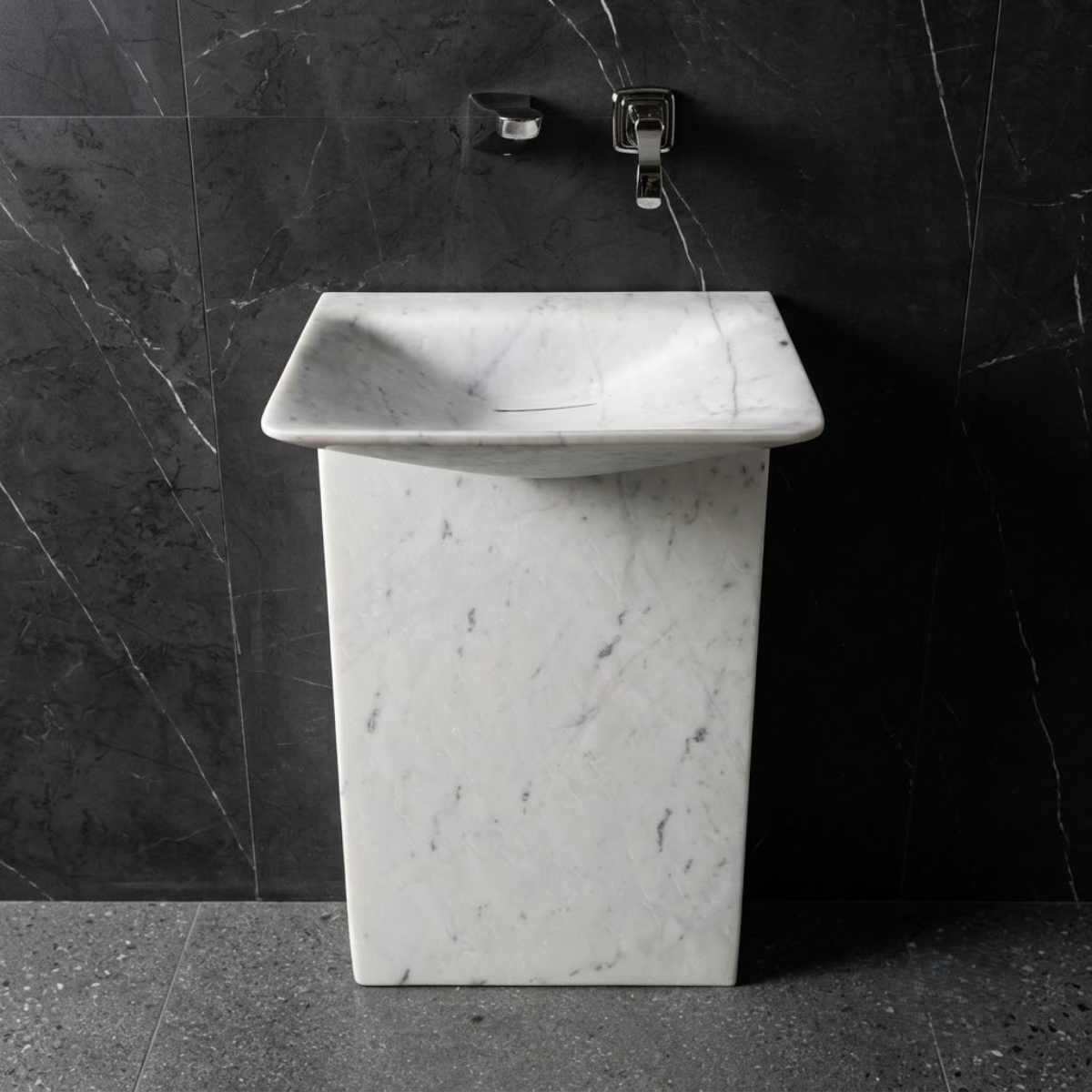 Muniq Freestanding Statuario Marble Monolith Basin | Indian White Stone Rectangular Block Pedestal Sink | Minimalist Luxury Bathroom Washbasin
