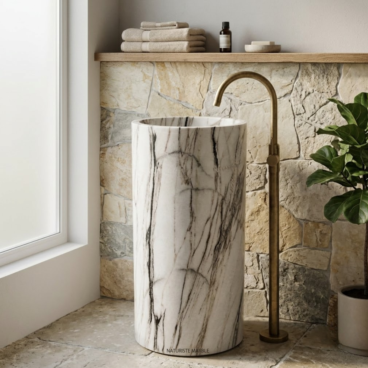 Muniq Freestanding Calacatta Marble Cylinder Basin | Indian White Stone Column Pedestal Sink with Bold Black Veining | Designer Luxury Bathroom Washbasin