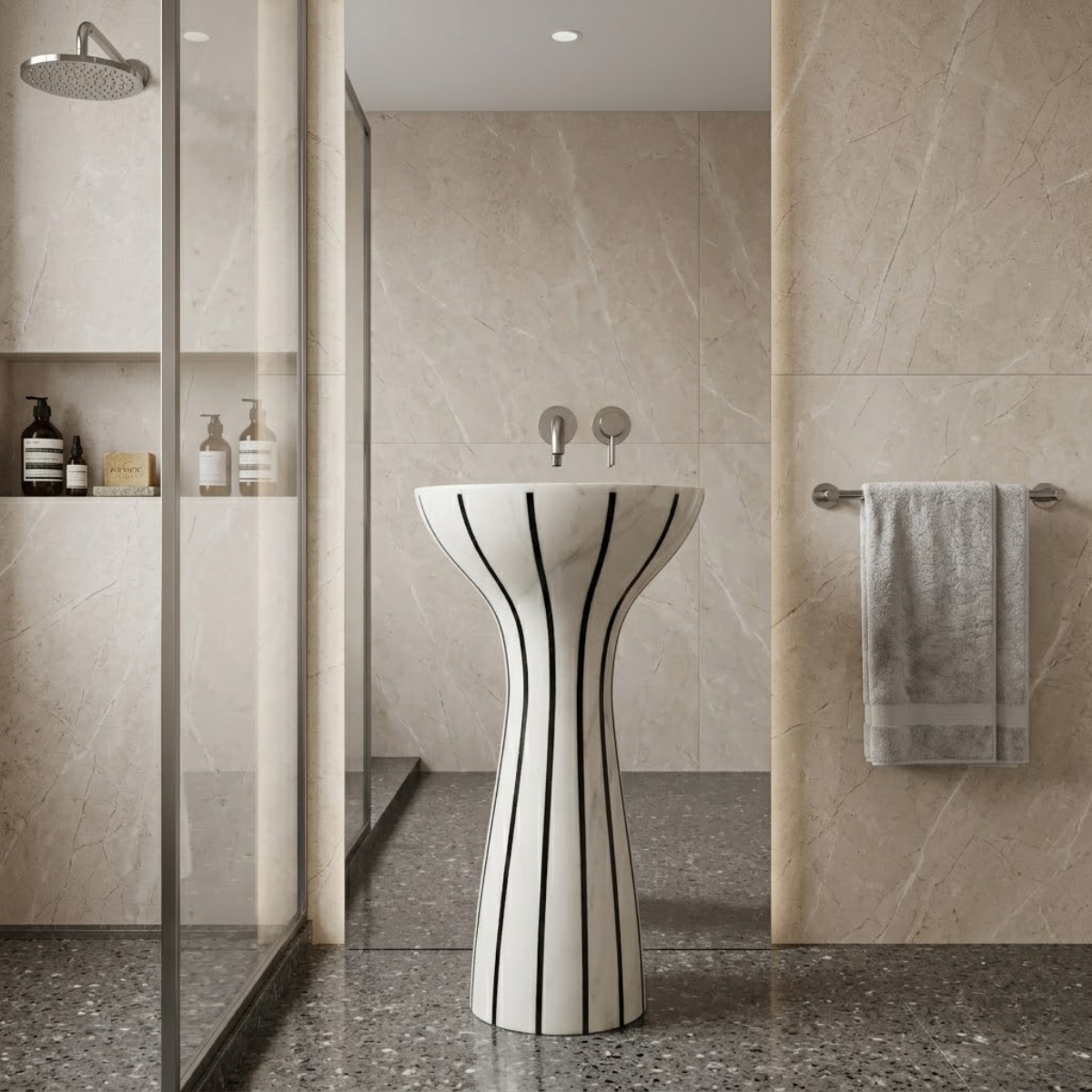 Untitled design (28) Untitled design 28 - Muniq Freestanding Stripe White Marble Basin | Indian Stone Sculpted Hourglass Pedestal Sink with Natural Black Vertical Veining