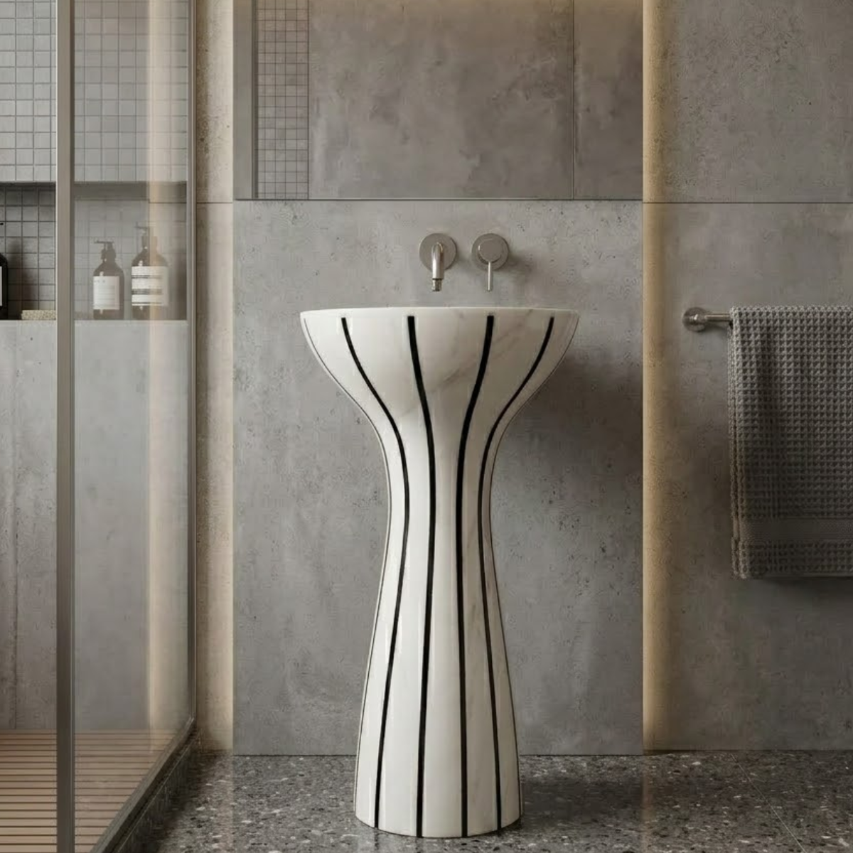 Muniq Freestanding Stripe White Stone Basin | Indian Marble Sculpted Hourglass Pedestal Sink with Natural Black Vertical Veining | Designer Luxury Bathroom Washbasin