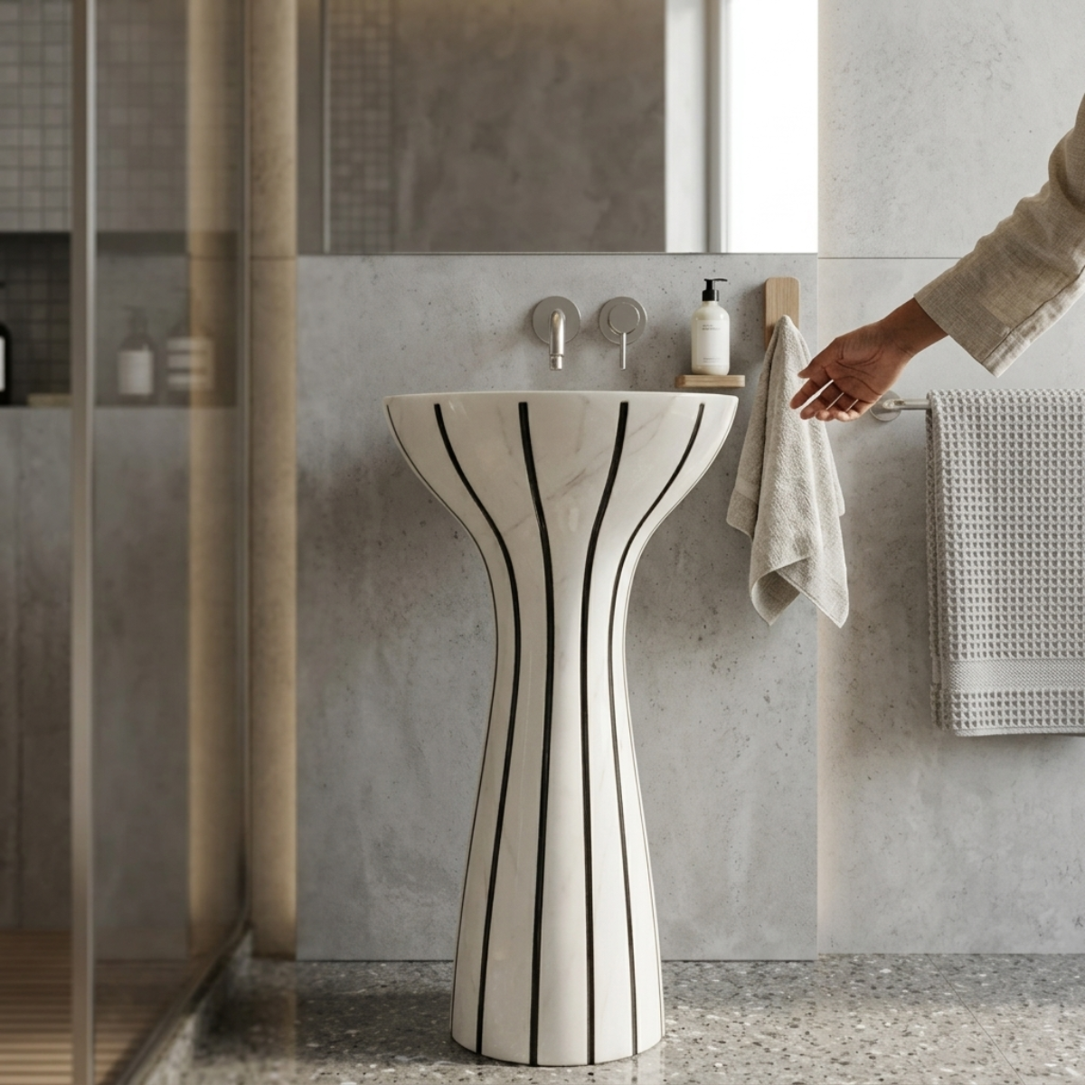 Untitled design (30) Untitled design 30 - Muniq Freestanding Stripe White Marble Basin | Indian Stone Sculpted Hourglass Pedestal Sink with Natural Black Vertical Veining