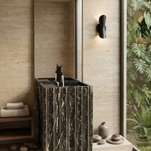 Muniq Freestanding Raw Chiselled Nero Marquina Marble Basin | Black Stone Monolith Pedestal Sink with Hand-Carved Textured Exterior | Brutalist Luxury Bathroom Washbasin