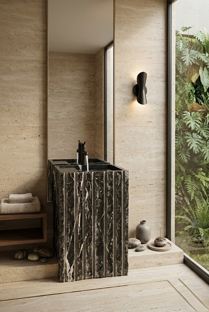 Muniq Freestanding Raw Chiselled Nero Marquina Marble Basin | Black Stone Monolith Pedestal Sink with Hand-Carved Textured Exterior | Brutalist Luxury Bathroom Washbasin