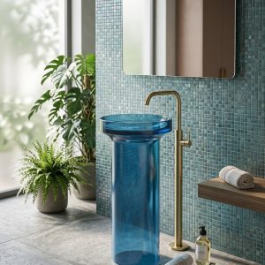 Muniq ocean blue transparent resin freestanding basin translucent blue cylinder pedestal sink with brushed gold floor tap in coastal luxury bathroom with teal mosaic tiles and tropical plants