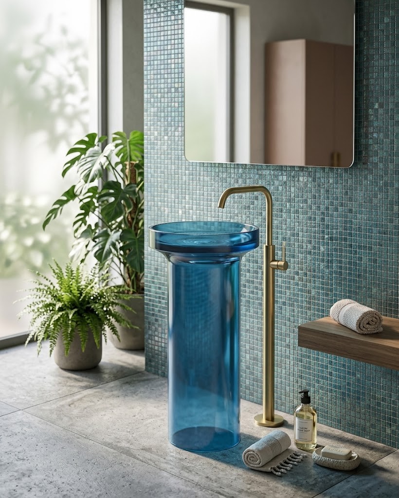 Muniq Ocean Blue Transparent Resin Freestanding Basin Translucent Blue Cylinder Pedestal Sink Muniq ocean blue transparent resin freestanding basin translucent blue cylinder pedestal sink with brushed gold floor tap in coastal luxury bathroom with teal mosaic tiles and tropical plants