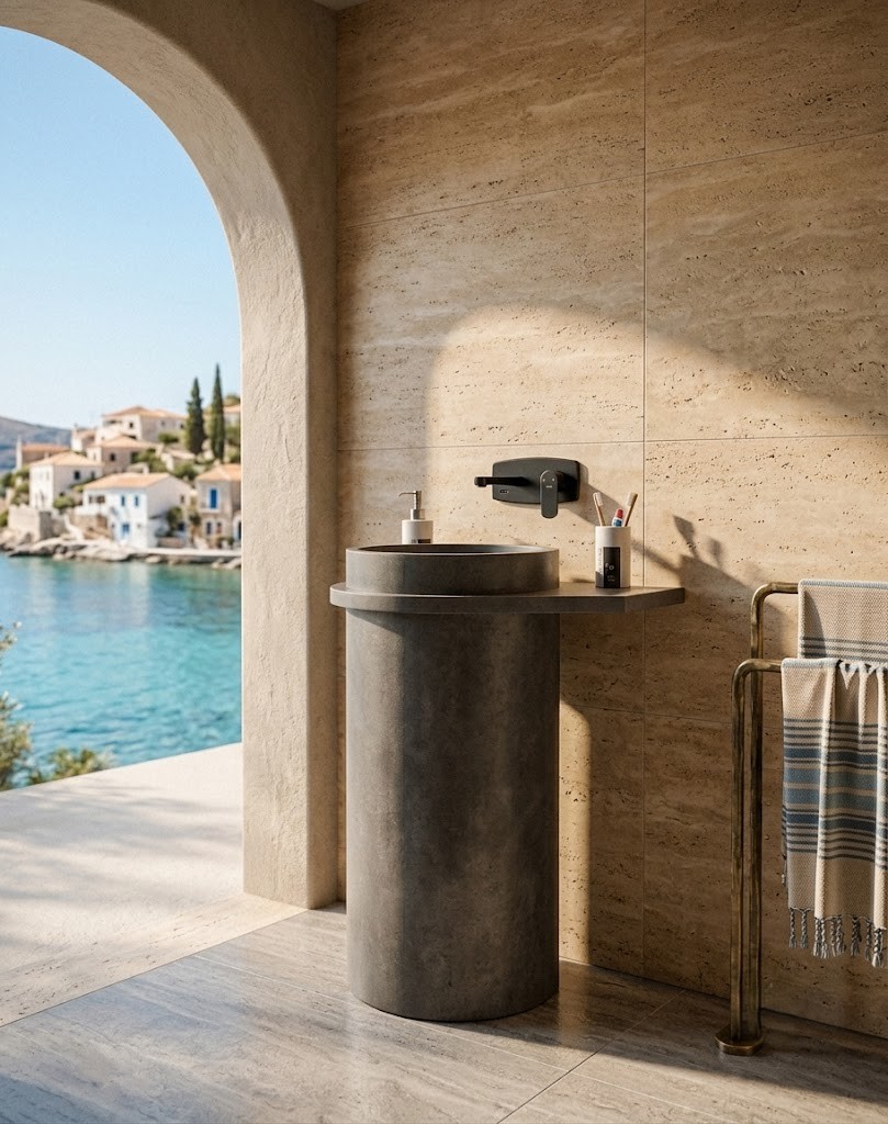 Natural Matte Cast Concrete Texture and Flat Rim Close-up Muniq Concrete Drum Basin a40c6823 5719 468f 99f6 2753cca0def2 1 - Muniq Freestanding Concrete Drum Basin | Charcoal Grey Handcrafted Concrete Pedestal Sink with Wide Flat Rim | Industrial Luxury Bathroom Washbasin