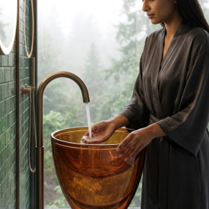 Close-up of warm amber cognac transparent resin bowl on freestanding resin bowl pedestal basin 7104 showing rich warm colour depth and polished surface