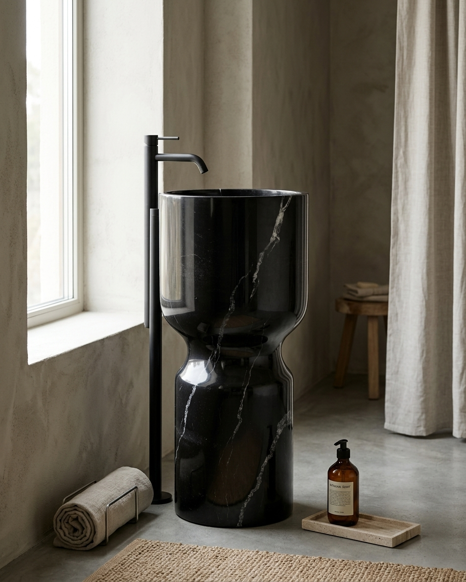 Muniq freestanding Nero Marquina goblet basin black marble hourglass pedestal sink with deep mirror polish finish and bold white calcite veining in luxury bathroom