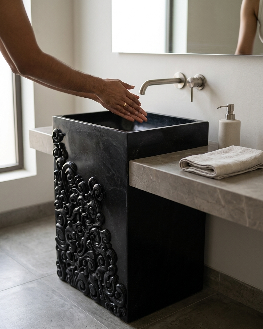 Muniq Indian Black Stone Baroque Carved Basin in Luxury Contemporary Bathroom Interior Muniq Indian black stone baroque carved basin freestanding pedestal sink in bright contemporary bathroom with concrete surfaces and brushed nickel wall tap