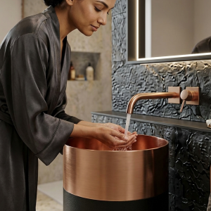 Close-up of crisp transition lines between polished rose gold PVD and matte black PVD bands on Rose Gold Black Rose Gold freestanding stainless steel pedestal basin