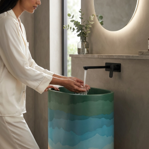Dune freestanding concrete ombre basin SNK60 with ocean wave gradient in coastal luxury bathroom interior with natural stone and chrome faucet