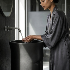 Close-up of subtly modelled brow ridge nose and facial planes on Muniq artificial stone face sculpture basin 1312 showing modernist minimalist sculptural detail in matte black