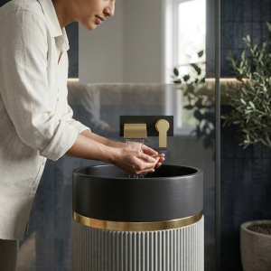 Close-up of deep matte black bowl and precision gold ring accent on Muniq artificial stone pedestal basin grey fluted cylinder washbasin