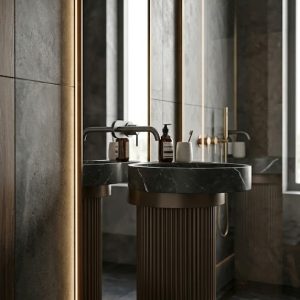 Muniq artificial stone pedestal basin 1314 450x860mm showing deep mocha bronze fluted cylinder pedestal with wide matte black bowl overhang silhouette luxury bathroom washbasin
