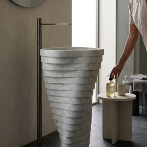 Muniq Freestanding Tiered Ring Marble Basin | Indian White Stone Pedestal Washbasin | Sculptural Luxury Bathroom Sink